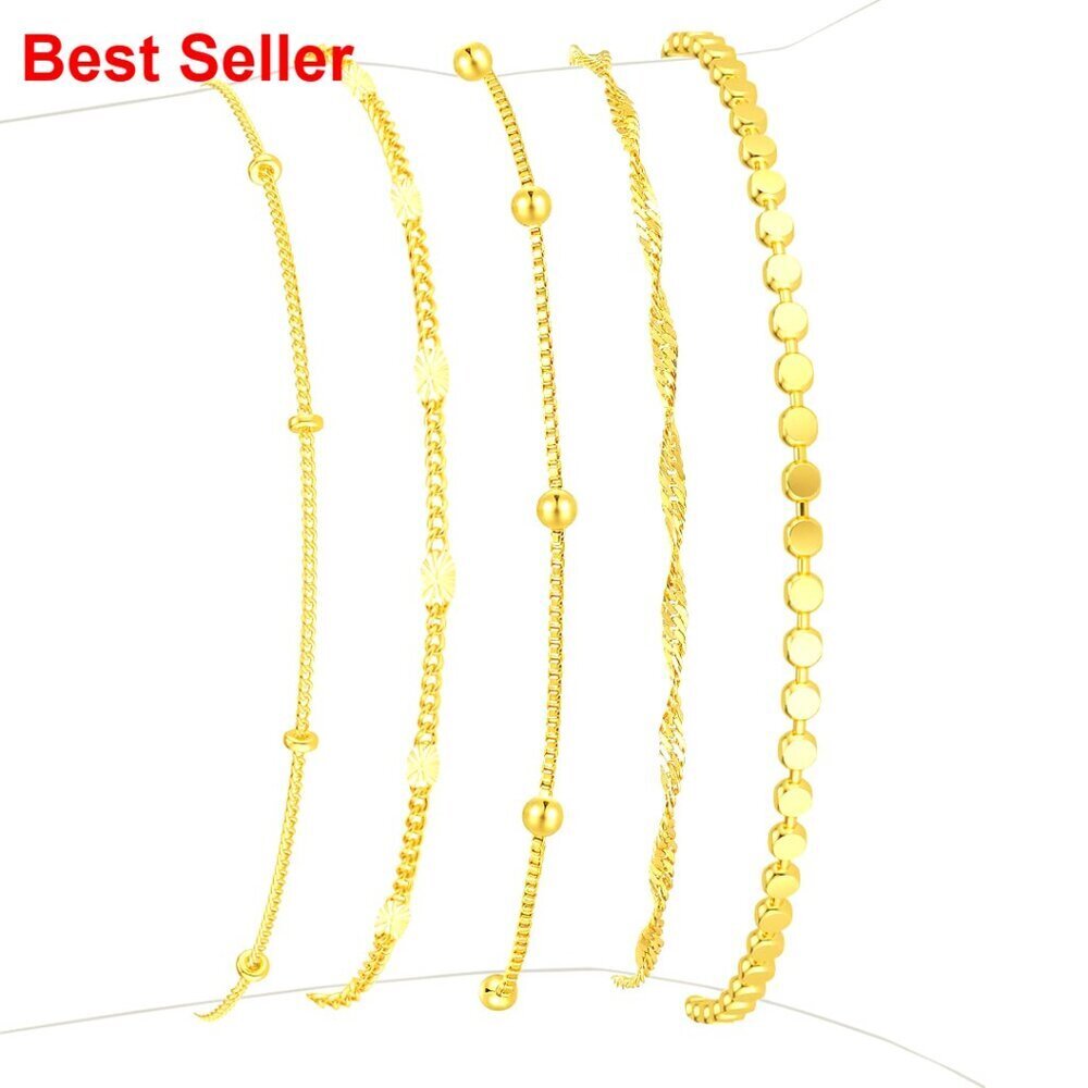 14K Gold Plated Stackable Bracelet Set Adjustable Charm Paperclip Chain